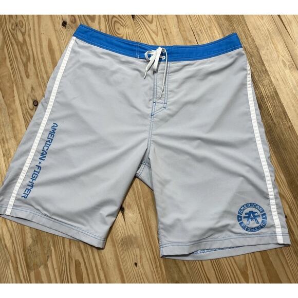 American Fighter Men's 38 Gray Blue Stretch Board Shorts Swimwear Workout - Picture 1 of 5